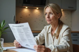 Femme d'âge moyen lisant documents immobiliers dans une cuisine moderne