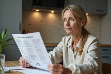 Femme d'&acirc;ge moyen lisant documents immobiliers dans une cuisine moderne