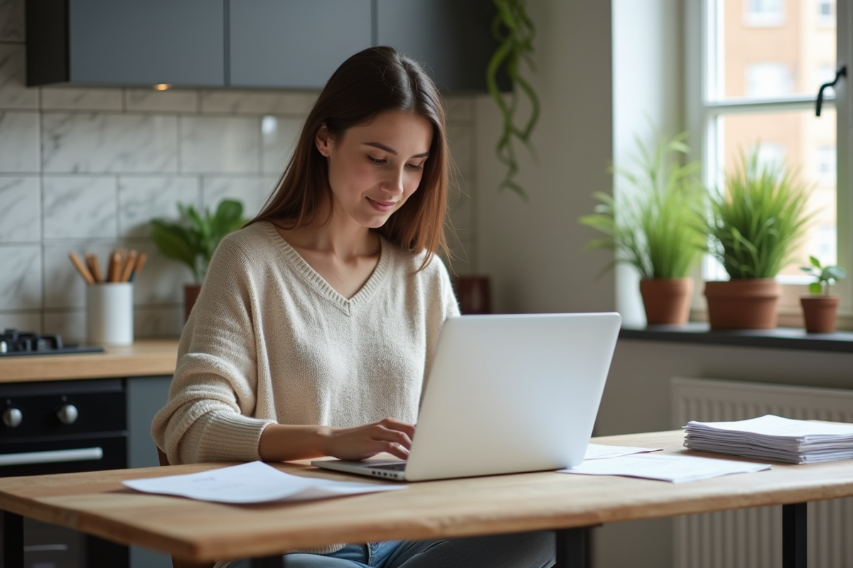 Femme lisant des documents de location dans une cuisine moderne
