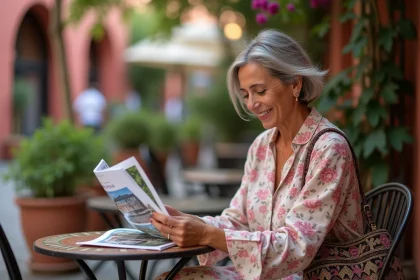 Femme marocaine souriante lisant des brochures immobili&egrave;res