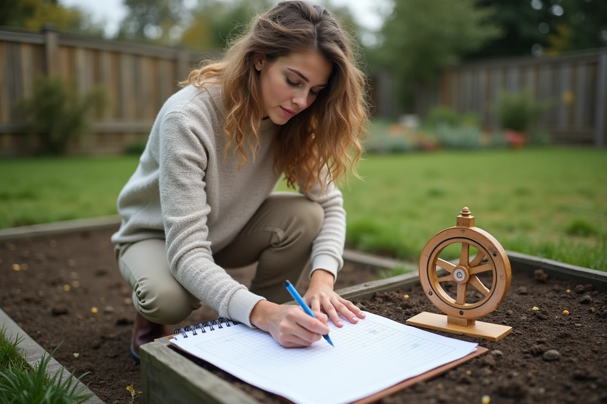 Femme mesurant un jardin avec un rouleau de mesure