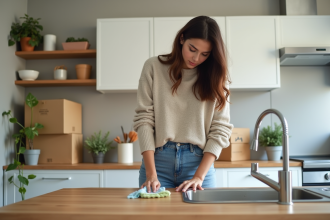 Jeune femme nettoyant un plan de travail cuisine moderne