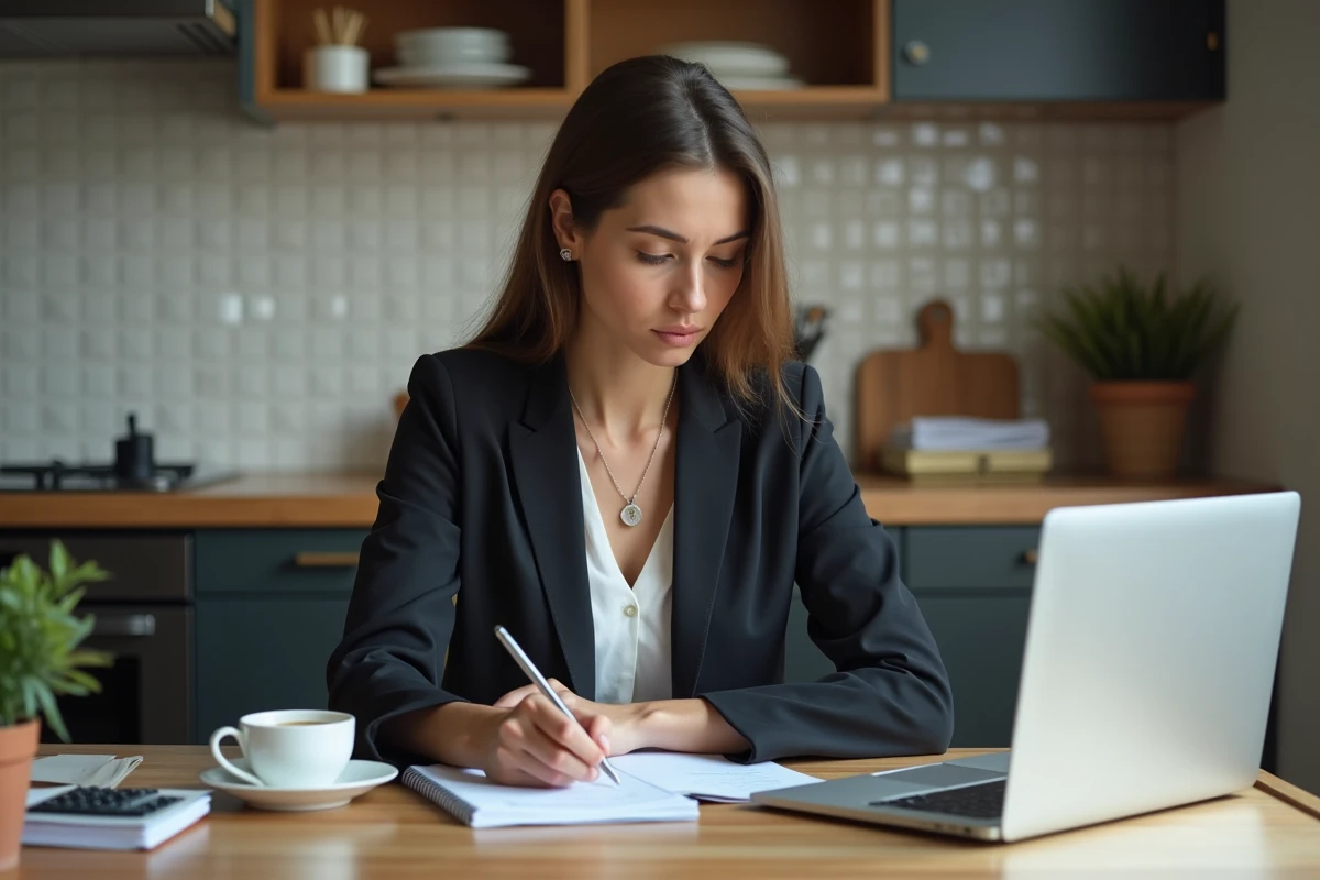 Jeune femme calculant ses frais à la maison avec son ordinateur