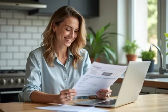 Femme souriante utilisant un ordinateur pour simulation de prêt immobilier