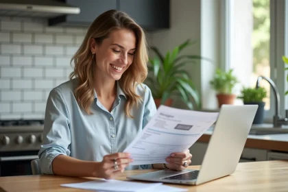 Femme souriante utilisant un ordinateur pour simulation de pr&ecirc;t immobilier