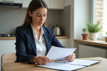 Femme professionnelle organisant des documents de location dans un appartement lumineux