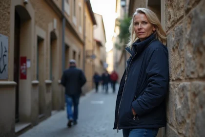 Femme pensive dans le vieux quartier de Romans sur Is&egrave;re