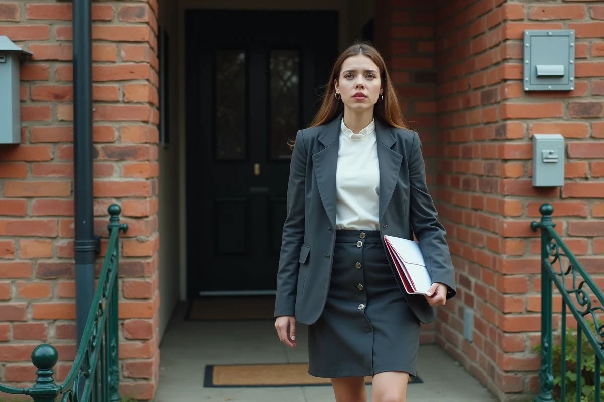 Jeune femme anxieuse devant une porte avec une enveloppe