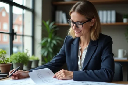Femme professionnelle de l'immobilier analysant des plans et documents pour lancer un projet immobilier local