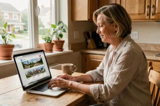 Femme cherchant une location de maison entre particuliers sur un site immobilier depuis son domicile
