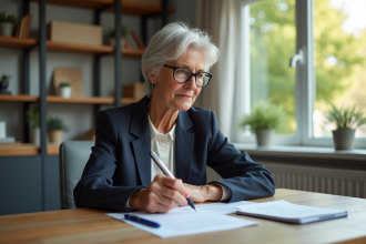 Femme d'âge moyen réfléchissant à ses documents d'hypothèque dans un bureau moderne