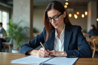 Femme professionnelle relisant un bail de coworking dans un espace de travail partagé moderne