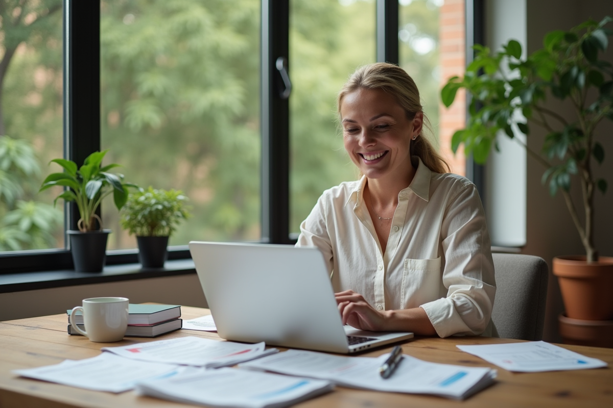 Femme souriante vérifiant factures de travaux dans un intérieur