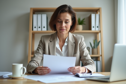 Femme d'affaires vérifiant des documents de location dans un bureau moderne