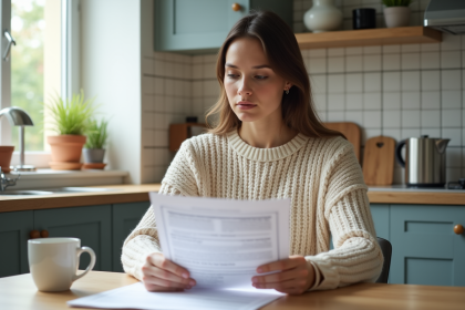 Jeune femme examine documents de location dans une cuisine moderne