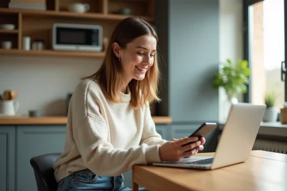 Femme souriante utilisant un ordinateur portable à la maison