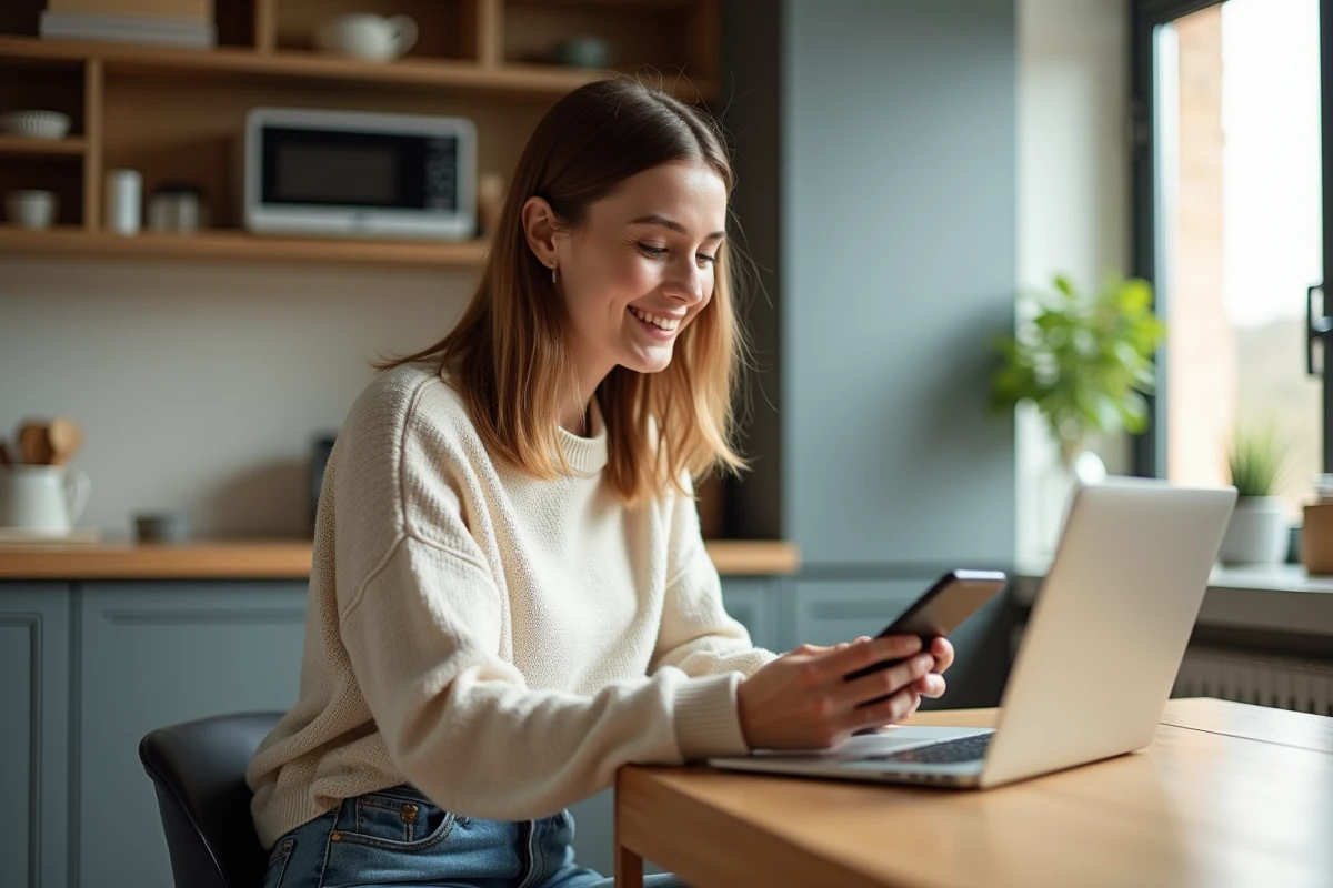 Femme souriante utilisant un ordinateur portable à la maison