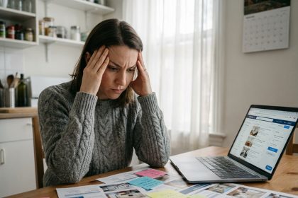 Femme stressée assise à une table avec des annonces immobilières et un ordinateur portable lors d'une recherche d'appartement épuisante