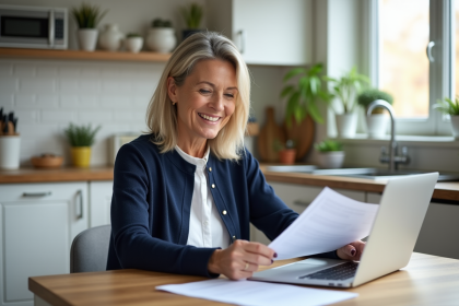 Femme d'une quarantaine travaillant à la maison