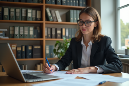Femme concentrée remplissant un formulaire juridique dans un bureau lumineux