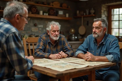 Vieux fermier avec famille autour de documents anciens