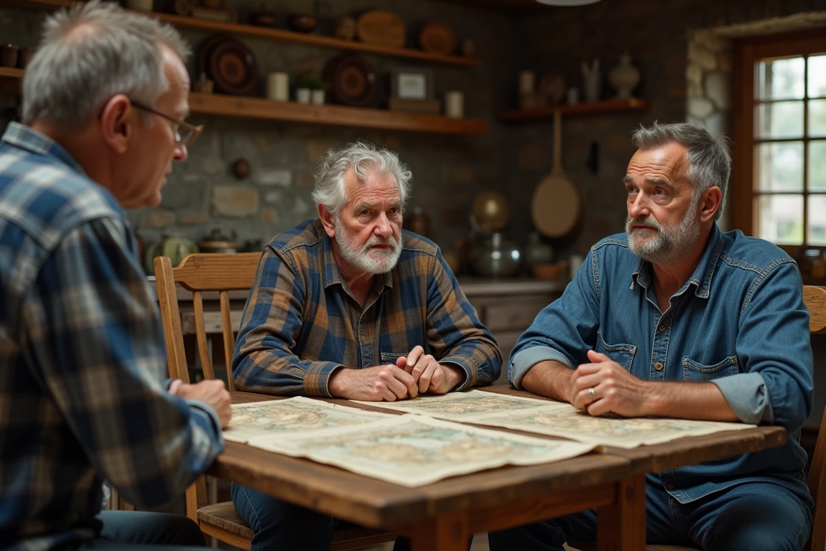 Vieux fermier avec famille autour de documents anciens