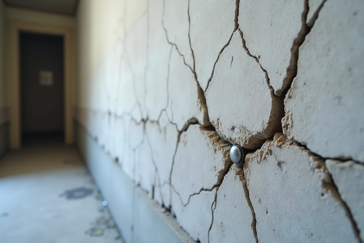 Réseau de fissures structurelles sur un mur intérieur de sous-sol avec capteur de surveillance de fissure