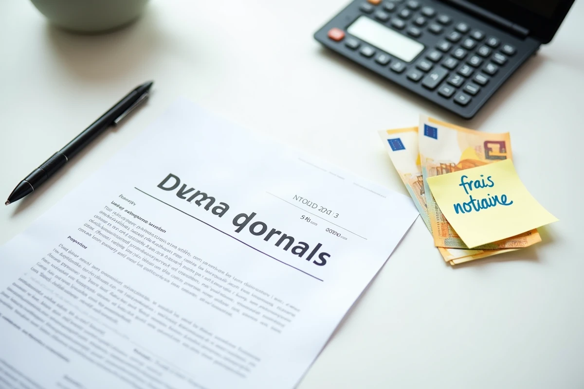 Vue aérienne d'un bureau avec contrat immobilier, calculatrice, billets en euros et note manuscrite sur les frais de notaire