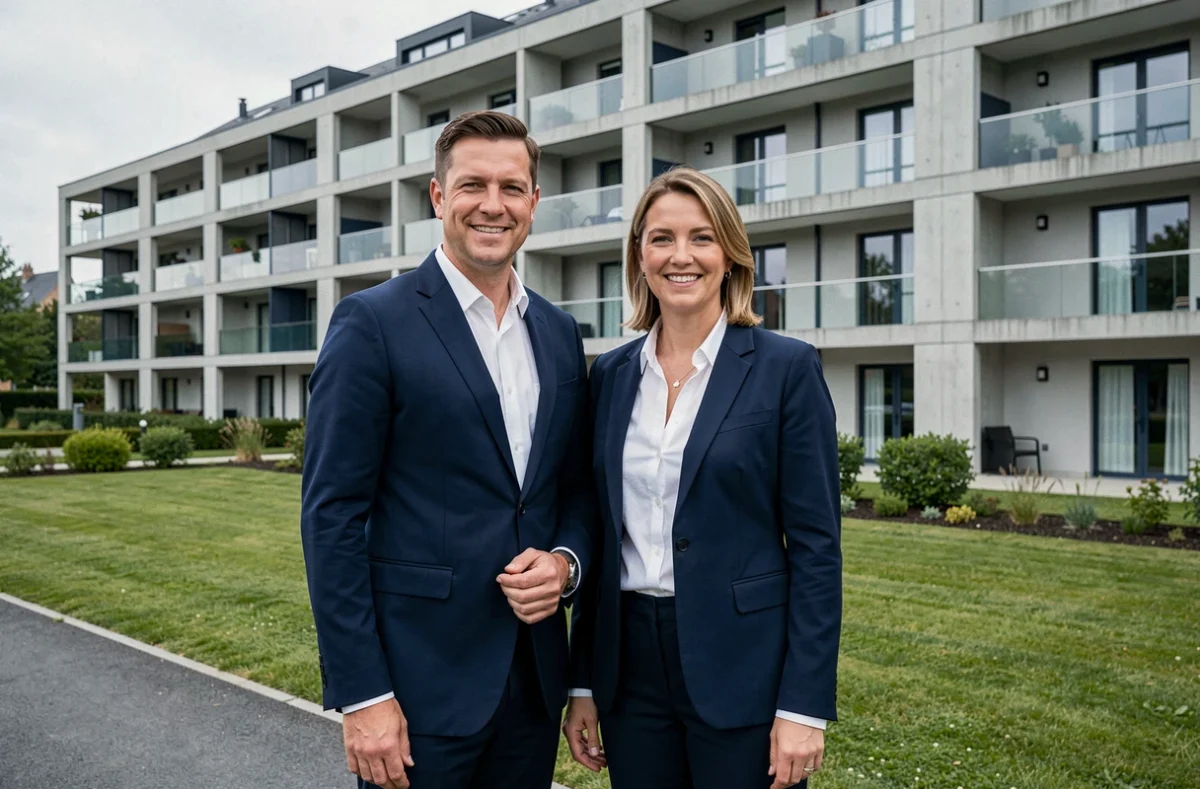 Duo de gestionnaires Foncia devant un immeuble de copropriété moderne en Bourgogne-Franche-Comté
