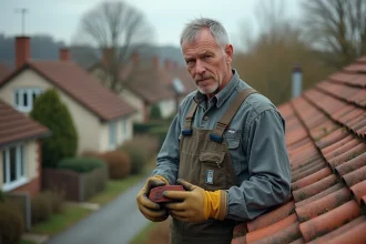 Marques d'humidité et sciures sur le sol indiquant des problèmes de toiture