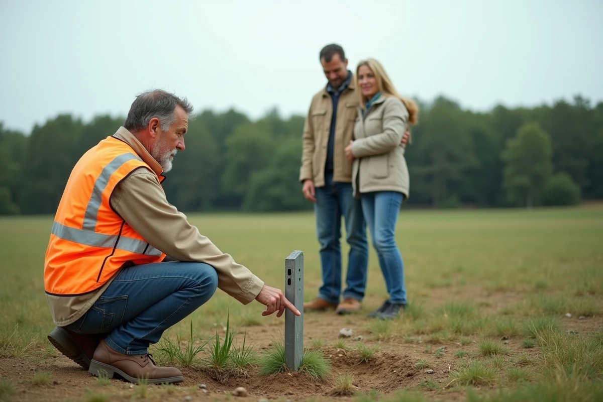 Géomètre expliquant le bornage terrain à des propriétaires sur leur parcelle