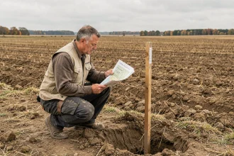 Géomètre étudiant une carte topographique sur un terrain agricole pour mesurer la superficie en acres et hectares