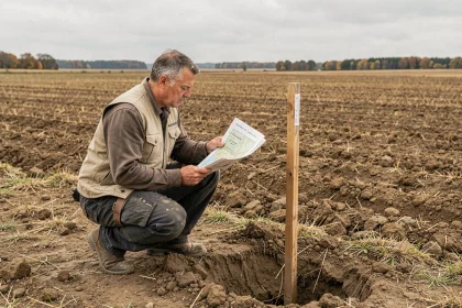Géomètre étudiant une carte topographique sur un terrain agricole pour mesurer la superficie en acres et hectares