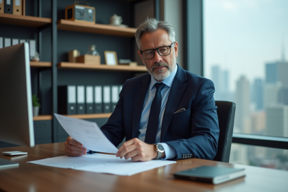 Gestionnaire immobilier en costume dans un bureau moderne