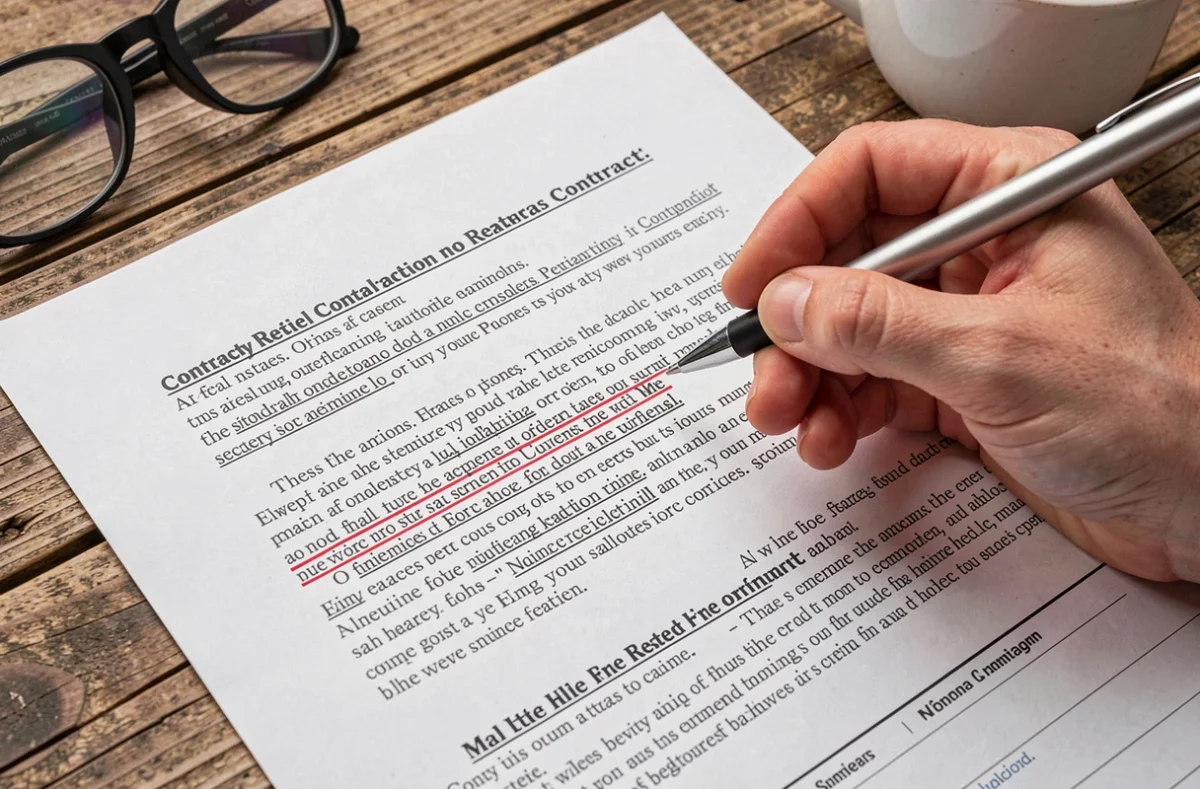 Gros plan sur un contrat d'achat de chalet en camping posé sur une table en bois avec un stylo et des lunettes de lecture