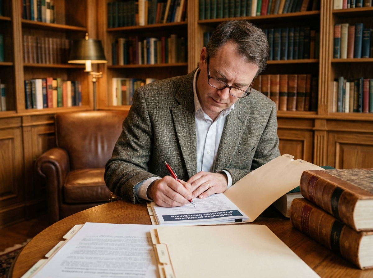 Conseiller immobilier annotant un guide complet des meilleures pratiques d'évaluation entouré de documents de référence
