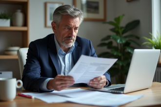 Homme d'affaires en costume bleu examinant des documents de prêt immobilier