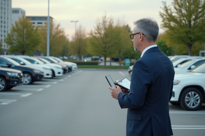 Homme d'affaires en costume bleu examinant des voitures dans un parking urbain