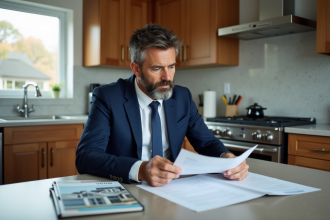Homme d'affaires en costume bleu examine des documents