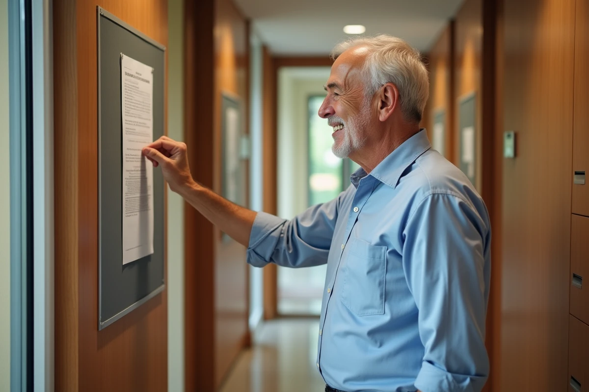 Homme d age moyen affichant une note dans le hall