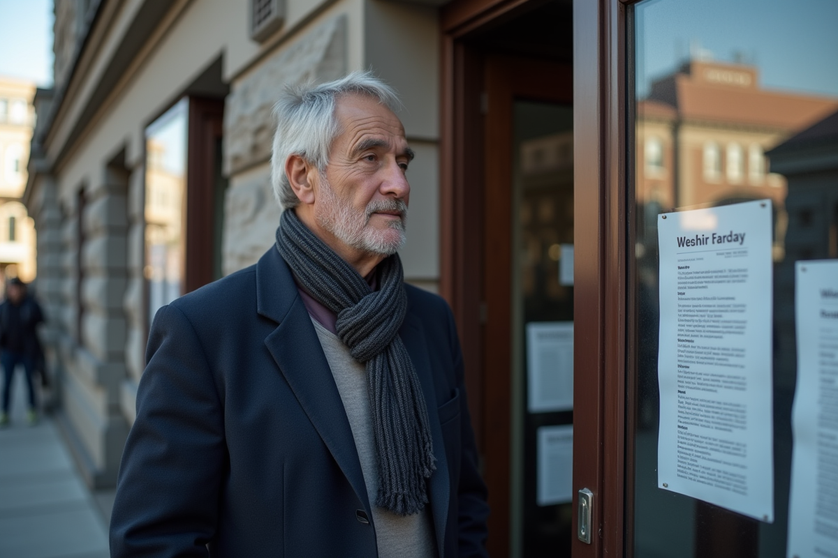 Homme regardant une affiche dans un bâtiment municipal en ville