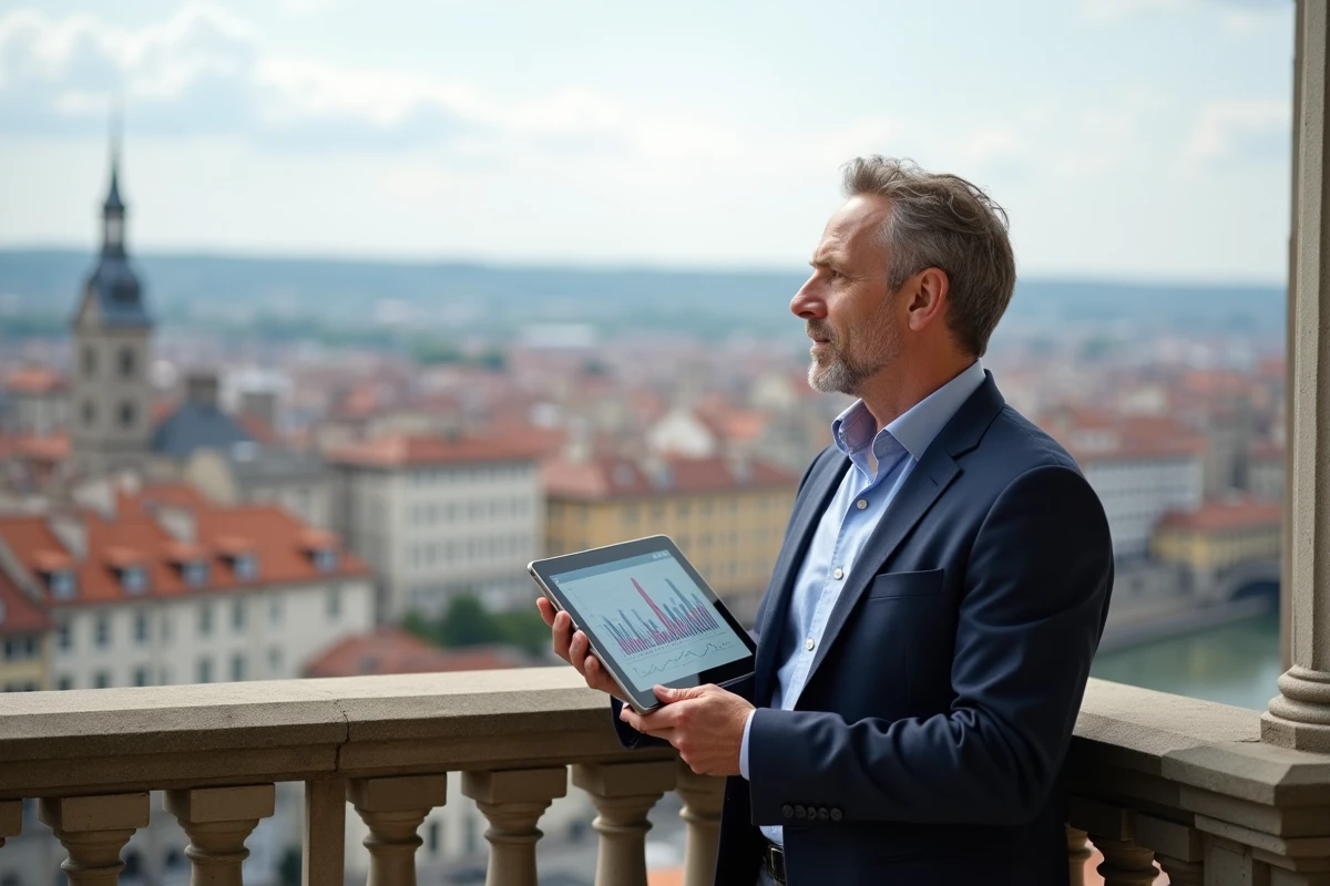 Homme d age moyen regardant la ville de Lyon depuis un balcon