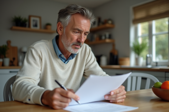 Homme d'âge moyen examinant des documents à la maison