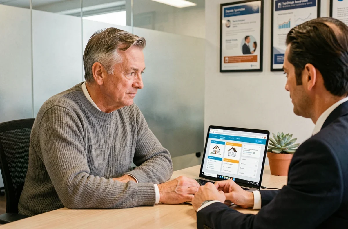 Homme en consultation avec un conseiller en assurance habitation dans une agence
