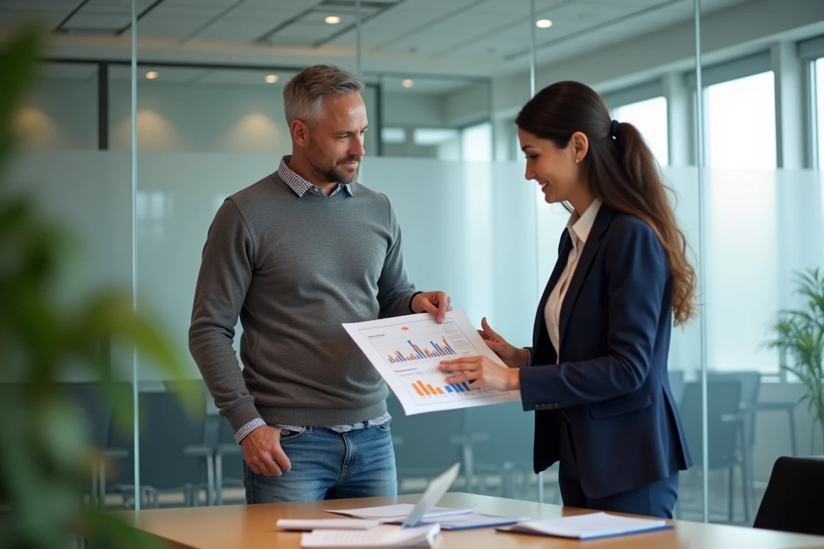 Homme et conseillère discutant d un tableau de simulation de prêt immobilier