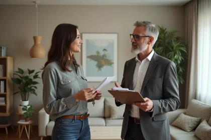 Homme d'âge moyen discutant avec une locataire dans un intérieur chaleureux