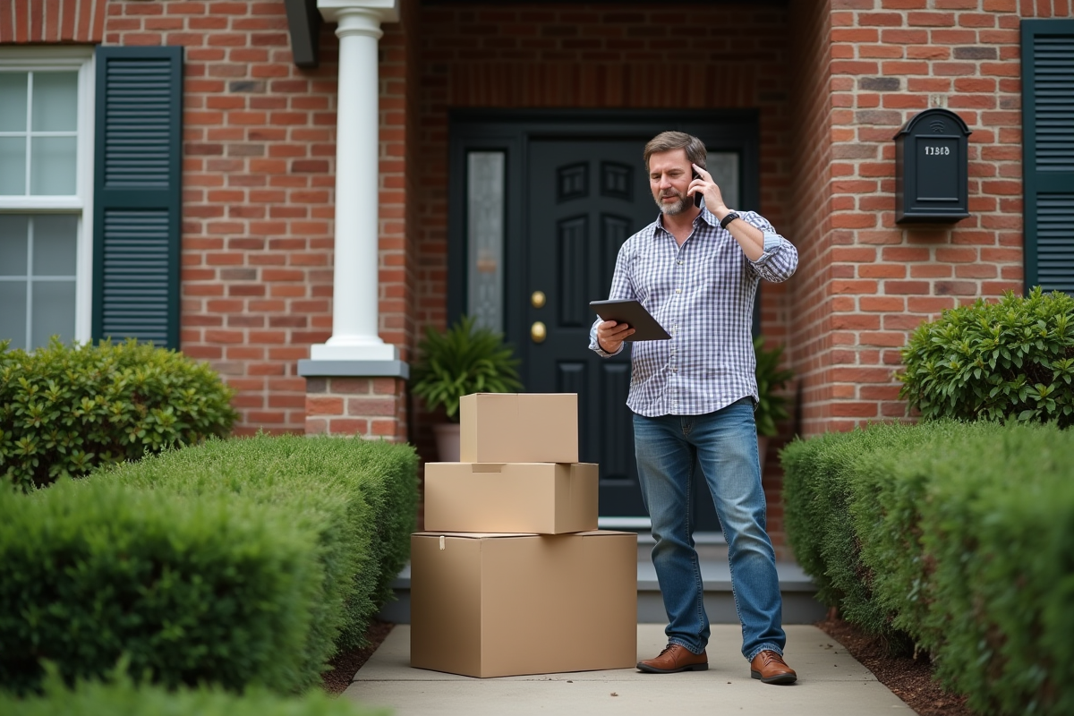 Homme parlant au téléphone devant sa maison en déménagement