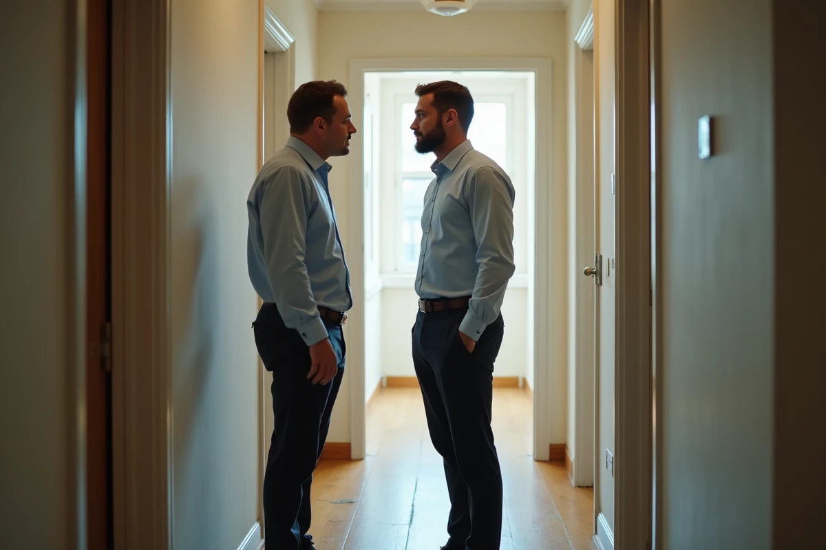 Jeune homme parle à un expert en assurance dans un appartement endommagé