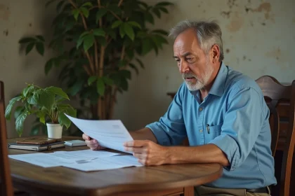 Homme d'&acirc;ge moyen examinant des documents &agrave; la maison