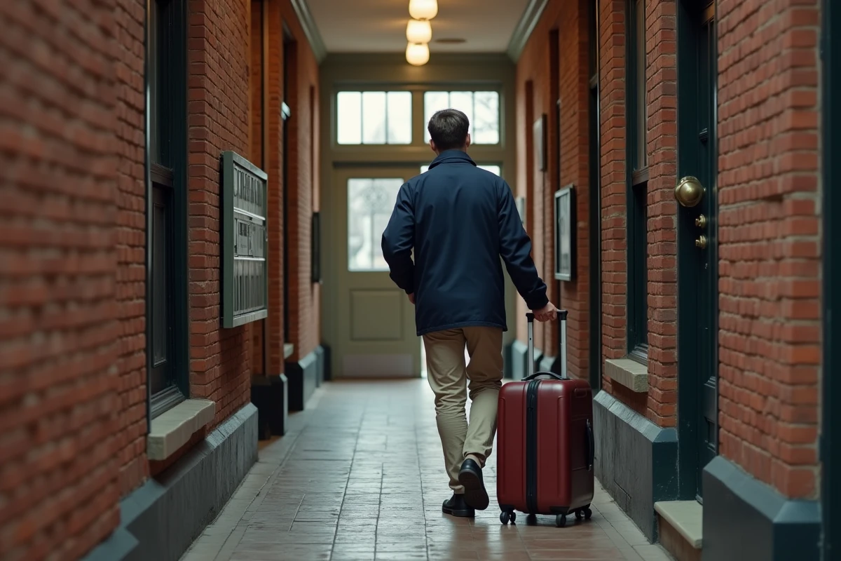 Jeune homme entrant dans un immeuble en briques avec valise